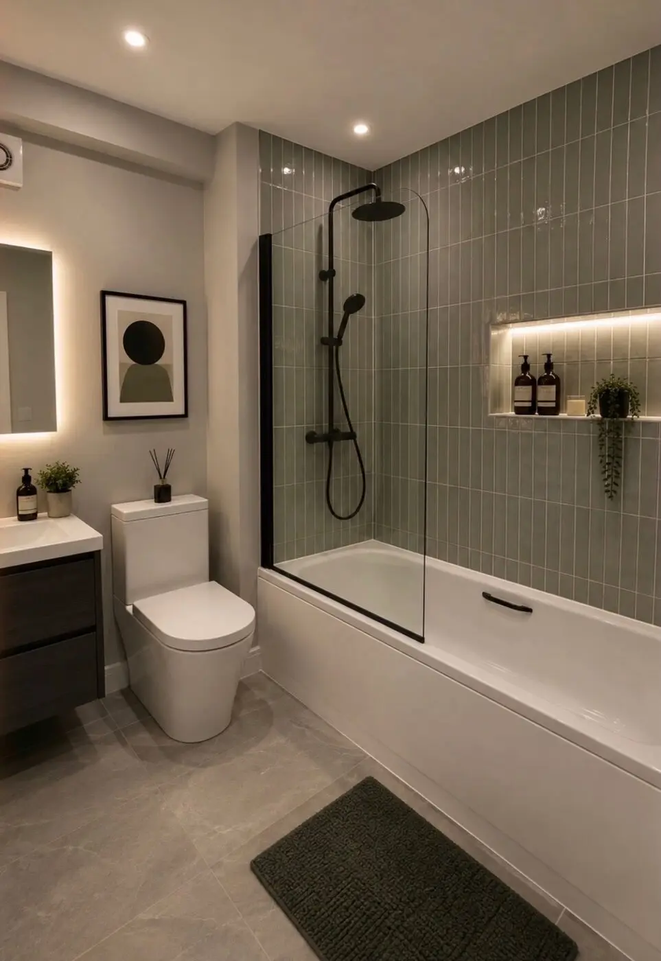 Completed modern bath with green feature tiles and black shower fittings