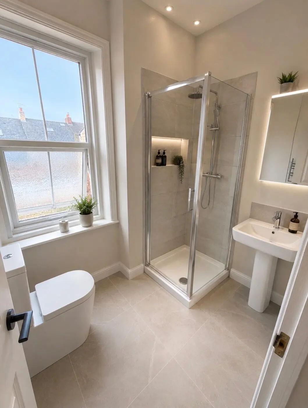 Completed modern bathroom renovation with walk-in shower in Newcastle