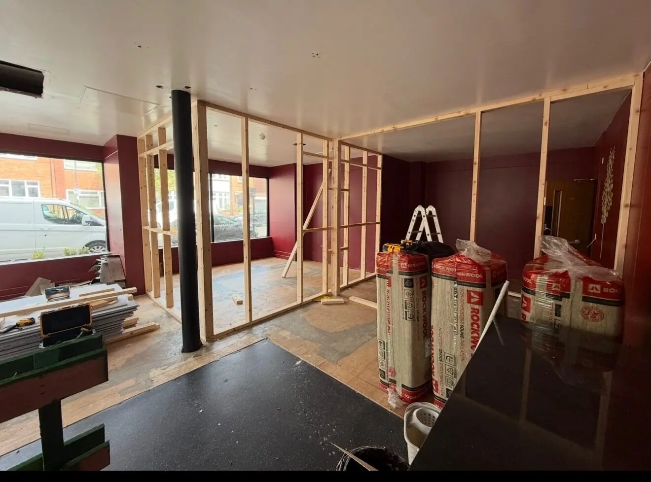 Timber stud walls under construction during property alteration